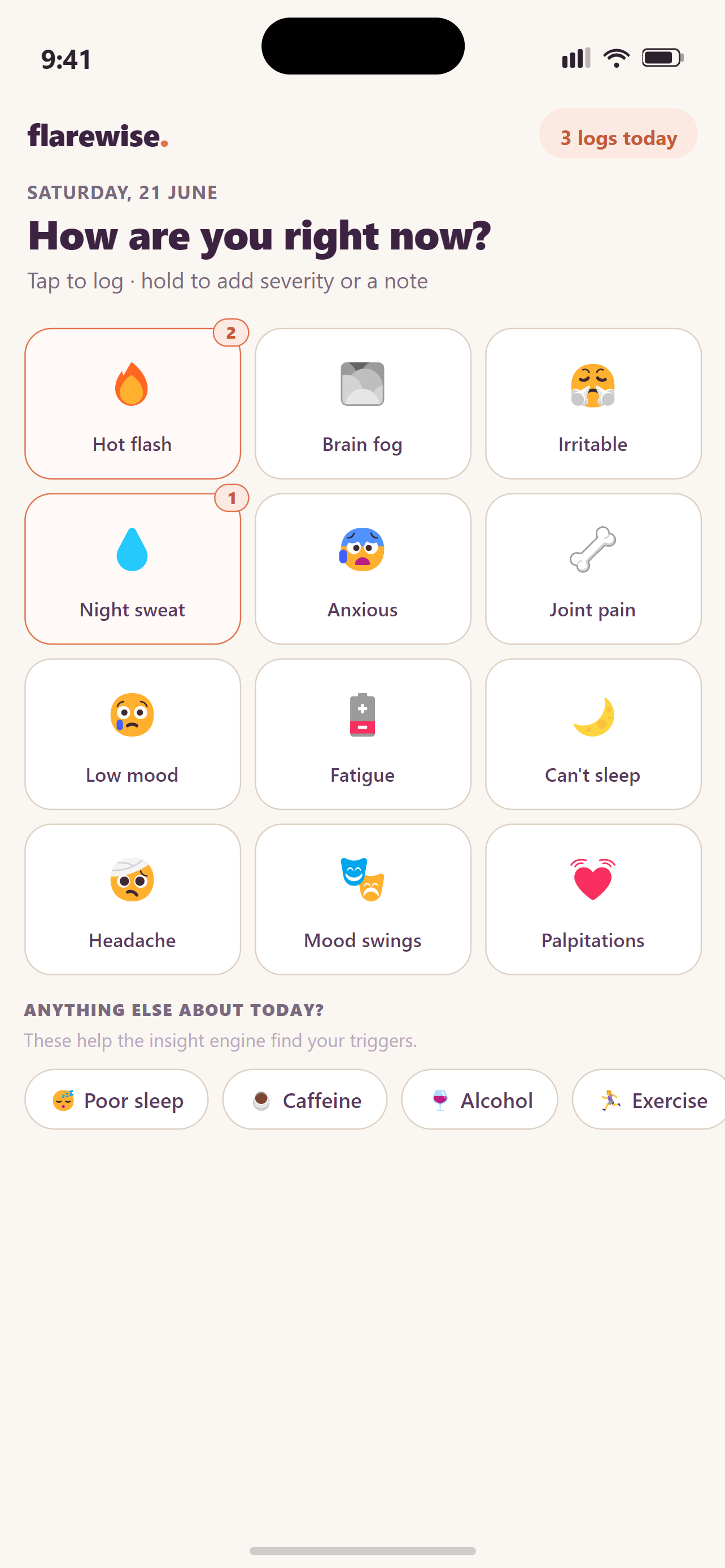 Flarewise symptom log screen